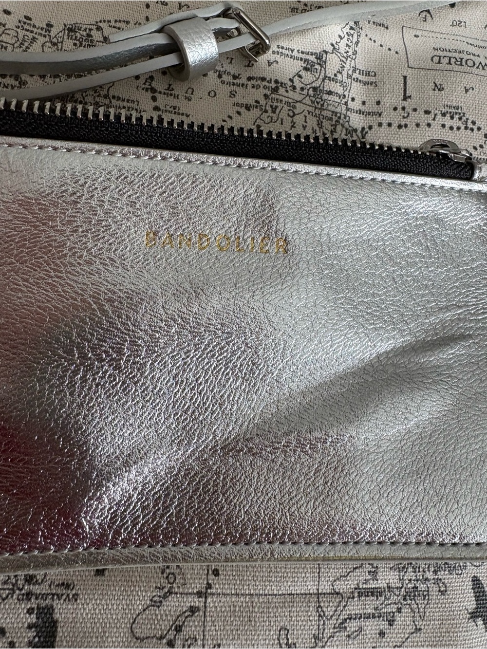 Bandolier Metallic Silver Leather Crossbody Wallet with Gold Logo